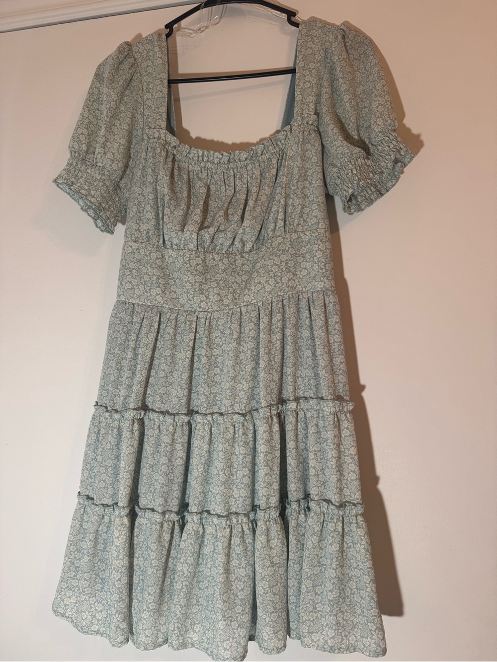 Altar'd State Sage Floral Tiered Puff-Sleeve Mini Dress
